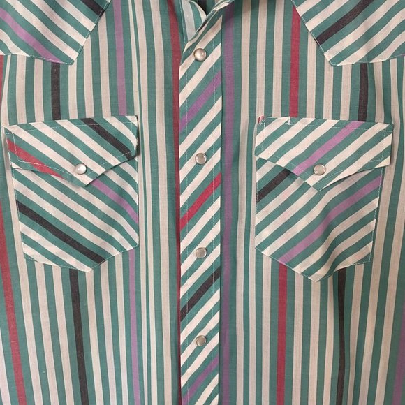 Vintage Ranchwear Western Pearl Snap Shirt Mens 16 1/2 Green Stripe Short Sleeve - Picture 6 of 12